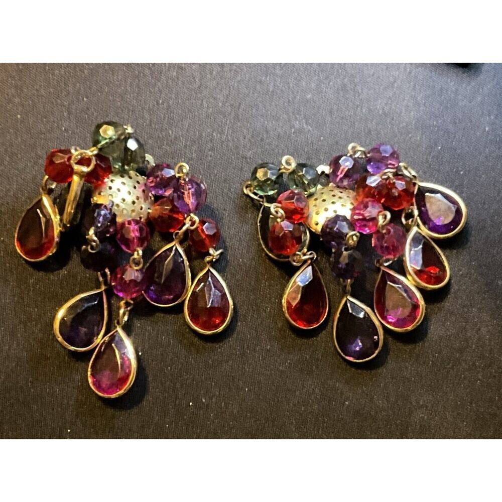 Multicolored Glass Crystal Dangle Cha-Cha Clip On Earrings